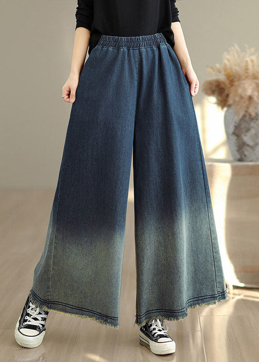 Plus Size Gradient Blue Pockets Denim Wide Leg Pants Spring