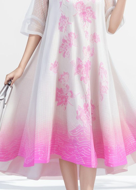 Plus Size Gradient Color O Neck Print Silk Dress Summer