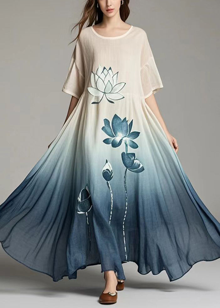 Plus Size Gradient Color Oversized Print Cotton Long Dresses Summer