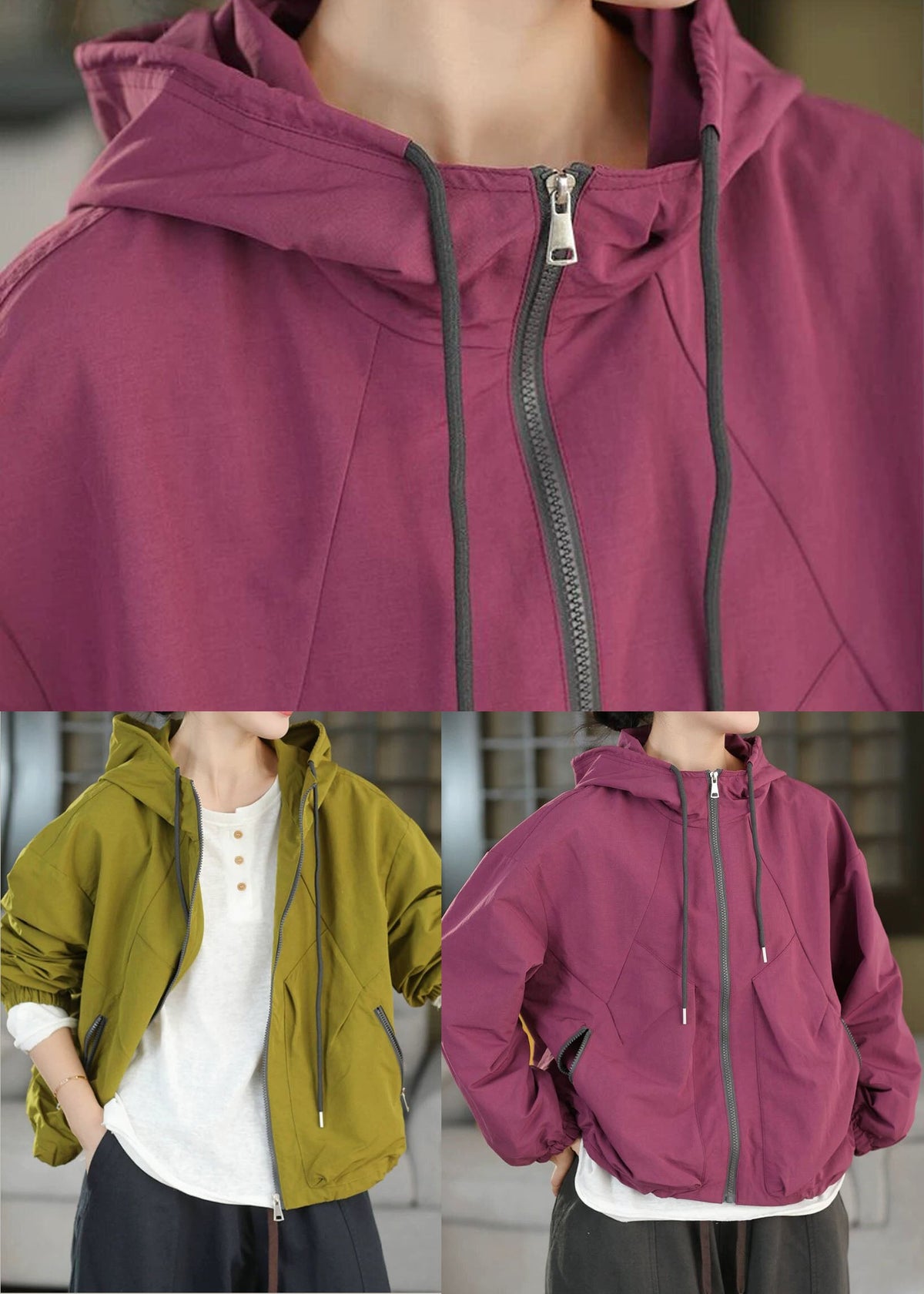 Plus Size Grass Green Hooded Pockets Spandex Coats Fall
