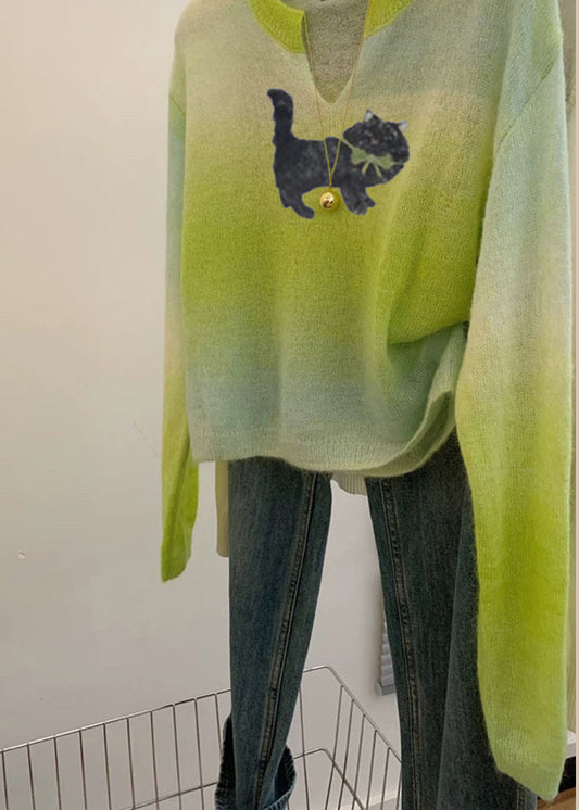 Plus Size Grass Green V Neck Tie Dye Knit Sweater Spring