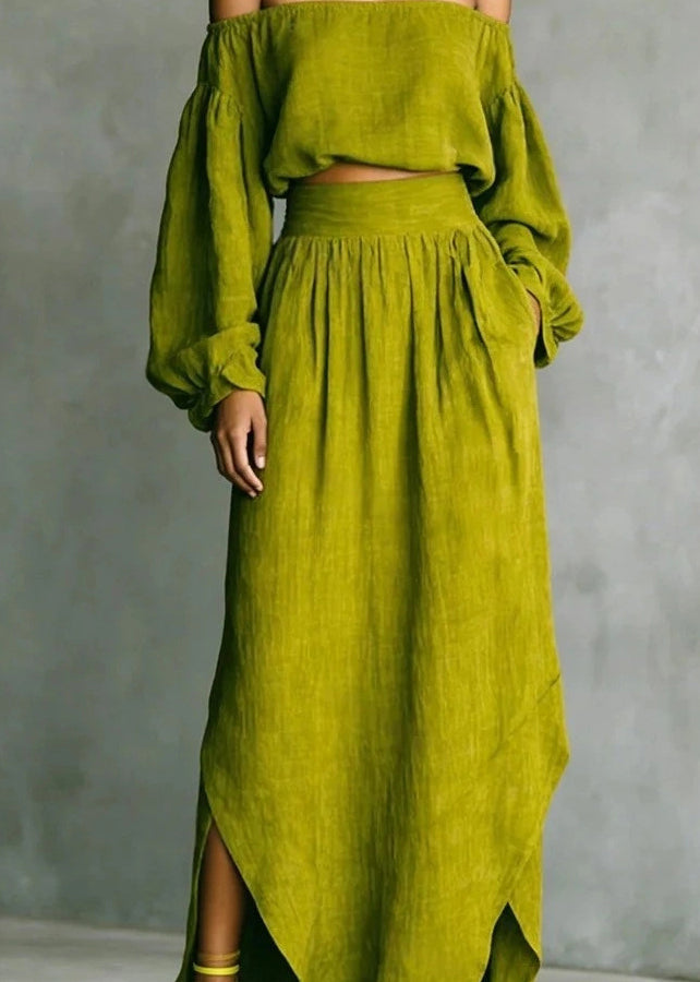 Plus Size Green Cold Shoulder Cotton Two Piece Set Women Clothing Long Sleeve