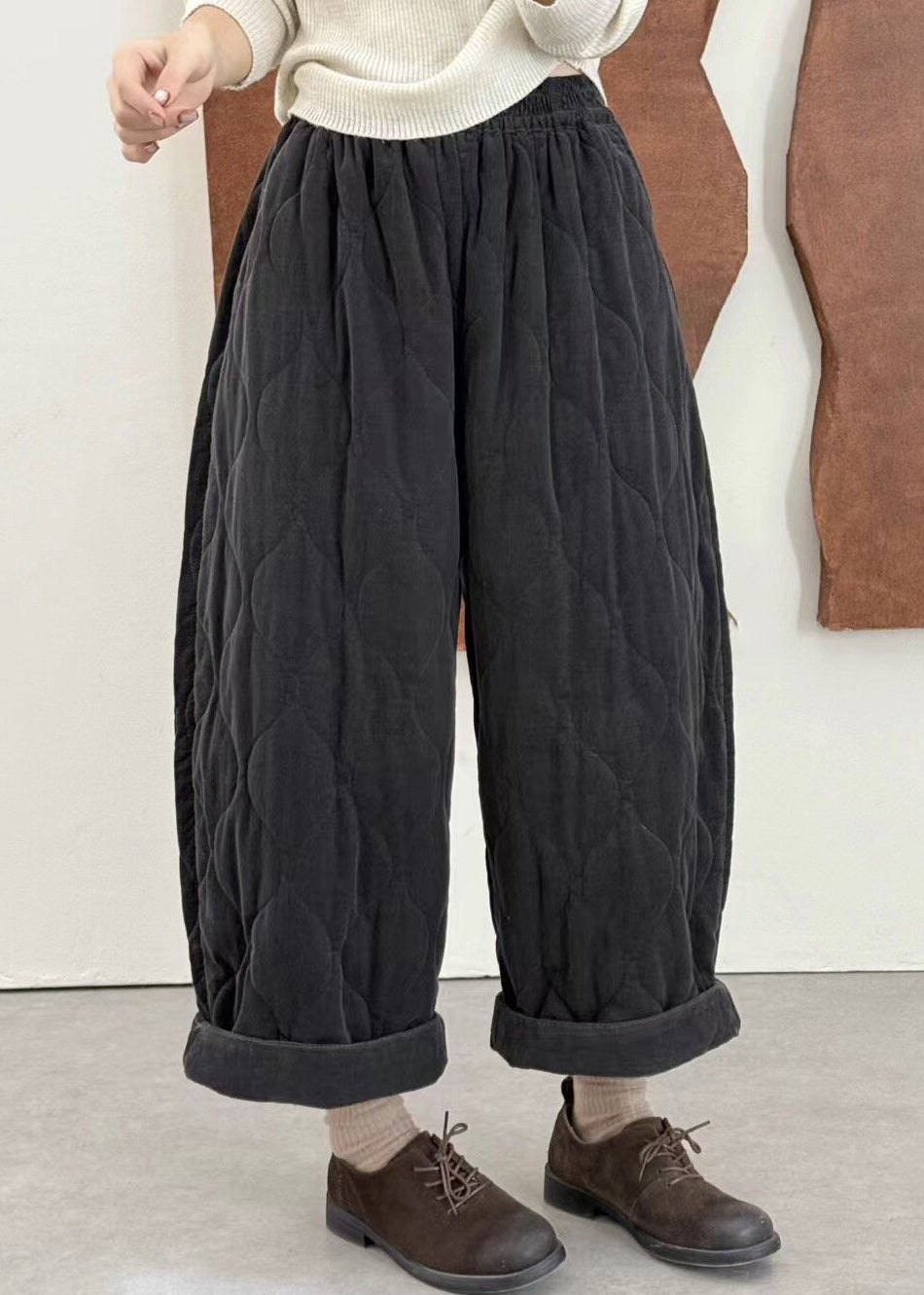 Plus Size Green Pockets Elastic Waist Fine Cotton Filled Pants Winter