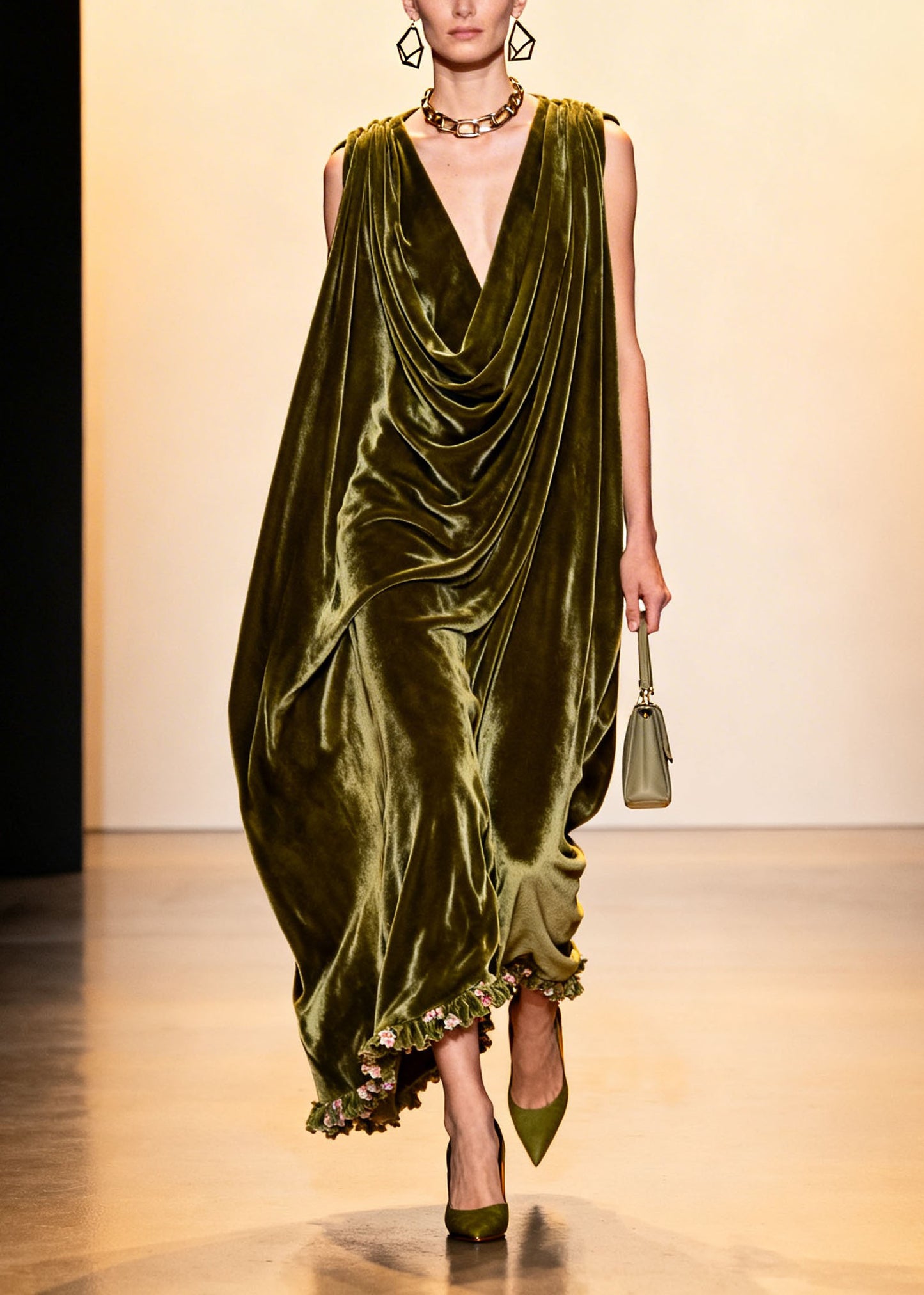 Plus Size Green Ruffled Floral Patchwork Velvet Robe Dresses Sleeveless