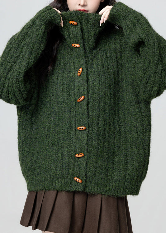 Plus Size Green Stand Collar Button Cozy Knit Coat Winter