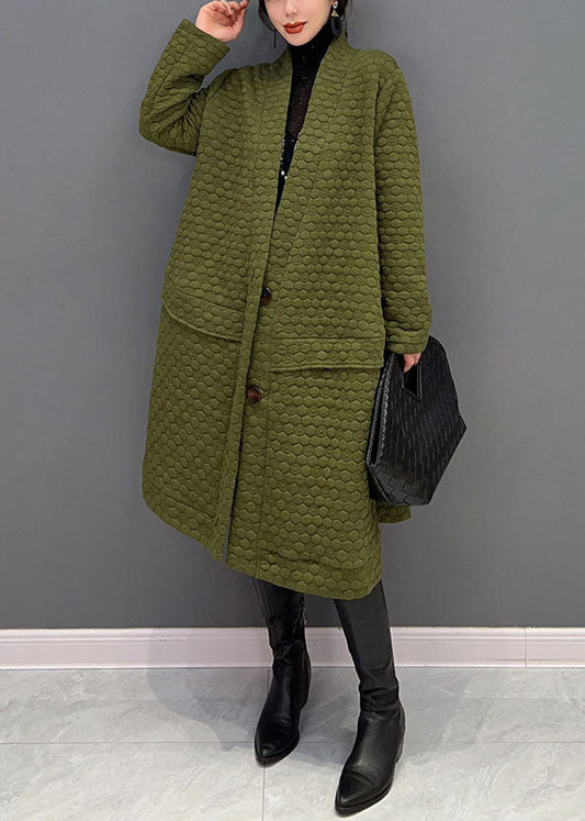 Plus Size Green V Neck Cotton Filled exra large hem Trench coat Winter