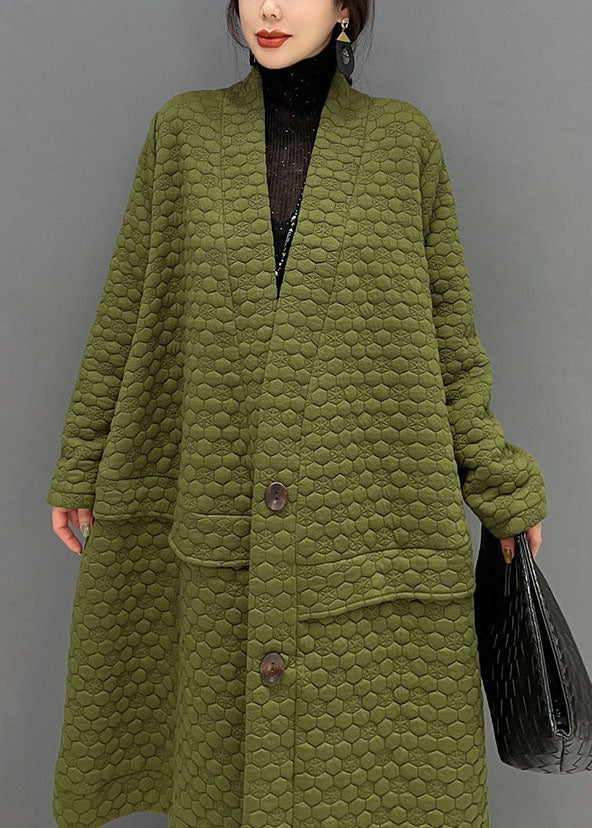 Plus Size Green V Neck Cotton Filled exra large hem Trench coat Winter