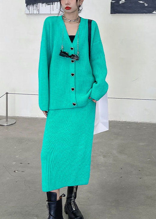 Plus Size Green V Neck Button Winter Knit Two-Piece Set