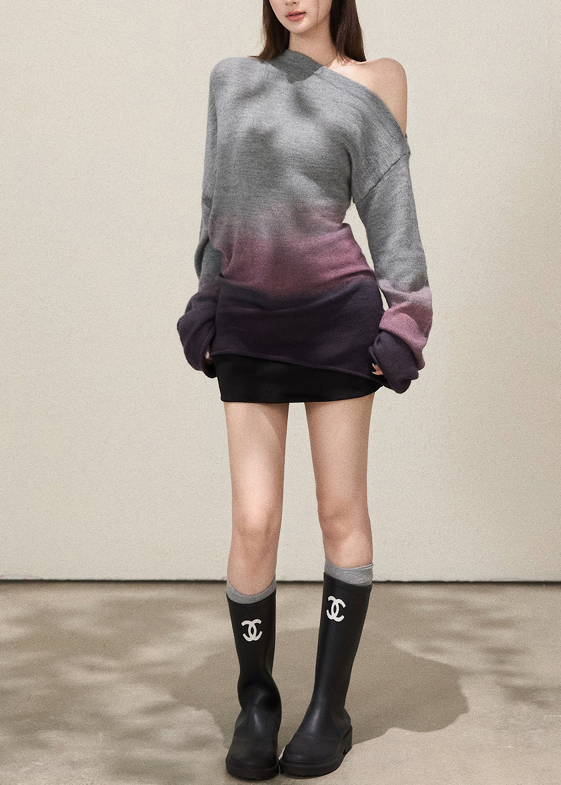 Plus Size Grey Cold Shoulder Tie Dye Knitted Tops Fall