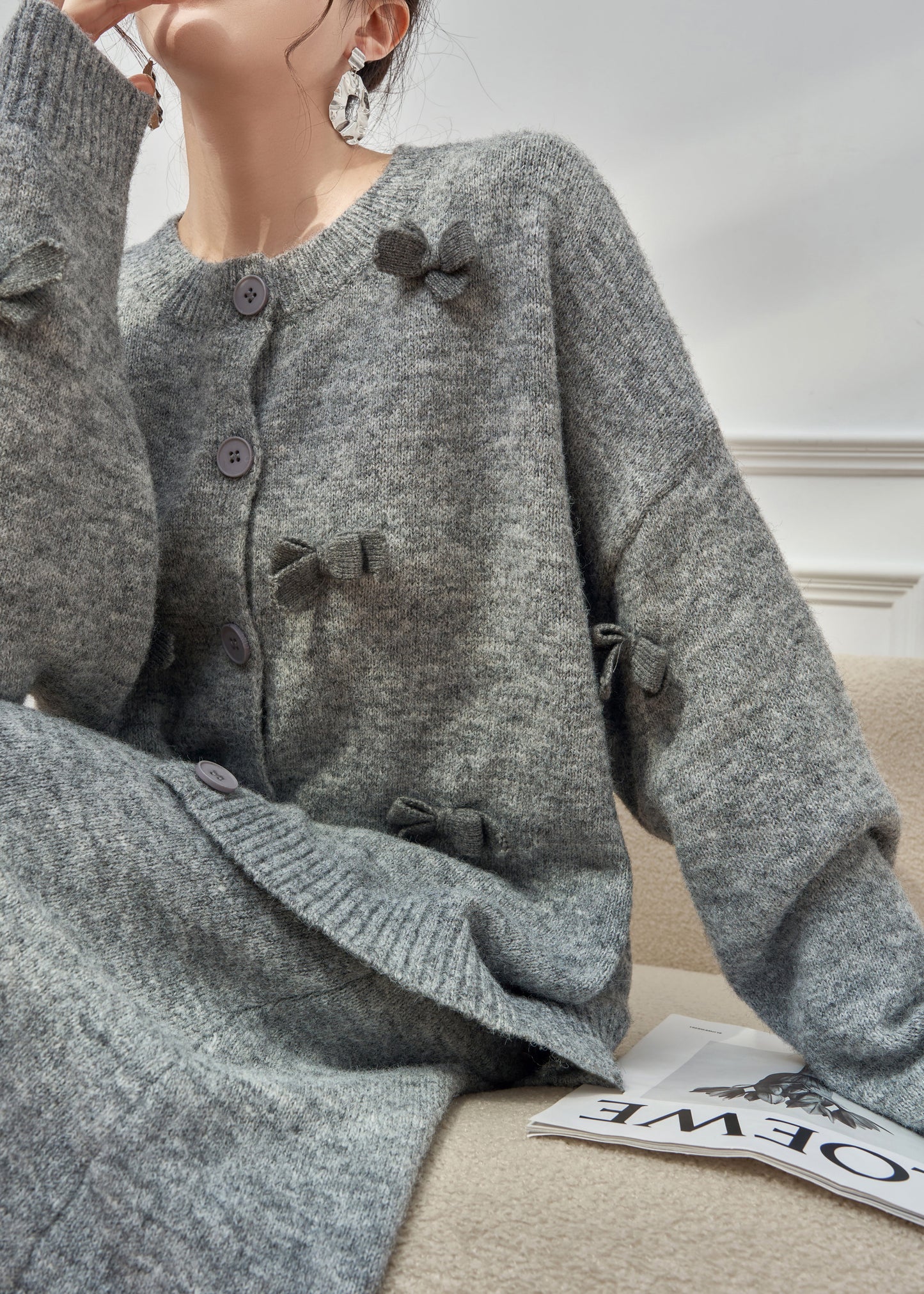 Plus Size Grey O Neck Bow Button Knit Two-Piece Set Winter