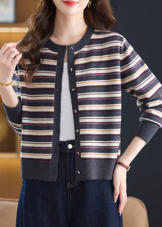 Plus Size Grey O-Neck Striped Knit Cardigans Fall