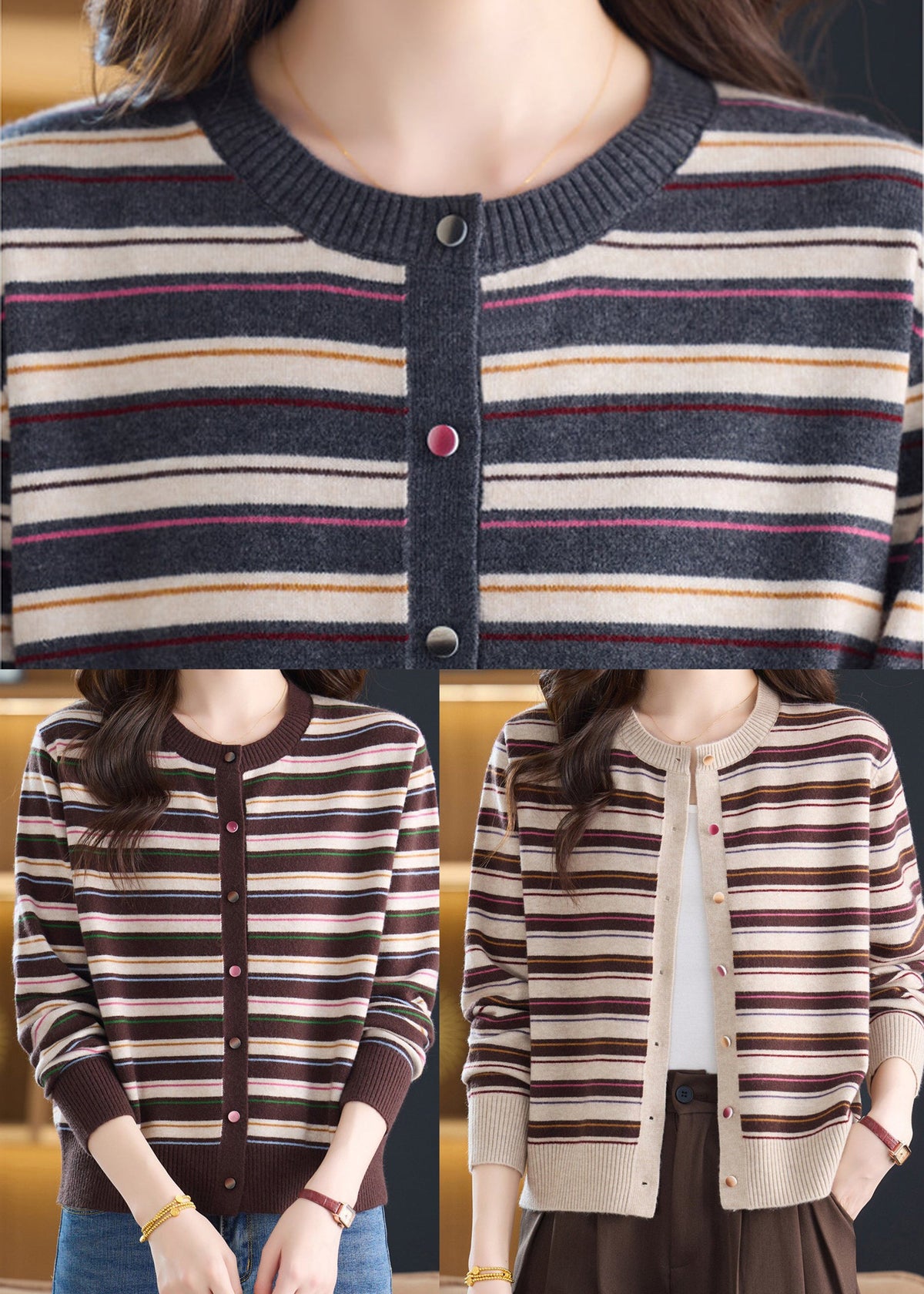 Plus Size Grey O-Neck Striped Knit Cardigans Fall