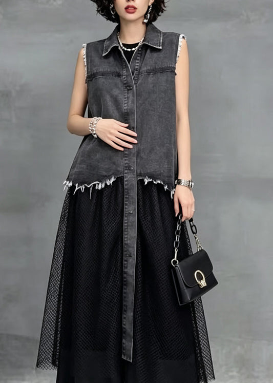 Plus Size Grey Peter Pan Collar Patchwork Denim Long Dress Sleeveless
