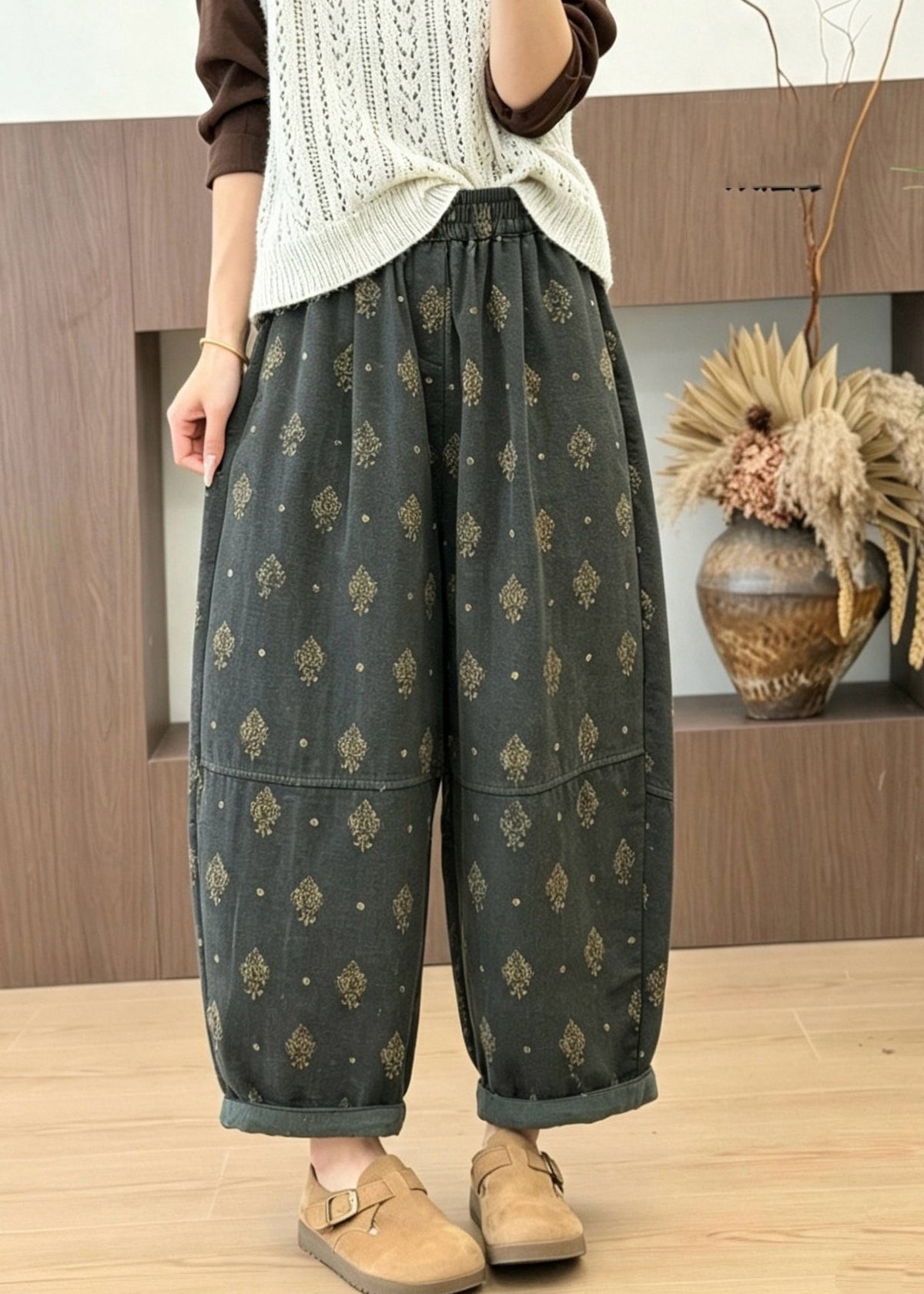 Plus Size Grey Pockets Print Elastic Waist Cotton Pants Fall