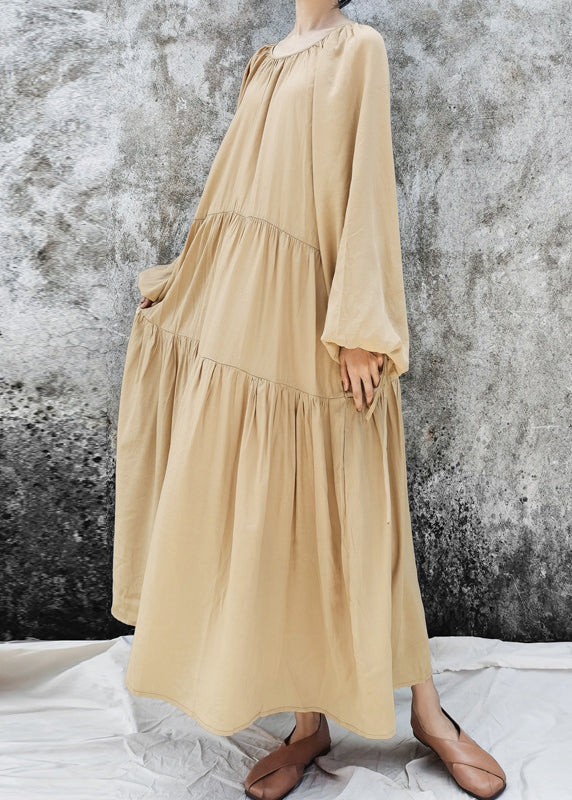Plus Size Khaki O-Neck Patchwork Lazy Long Dresses Long Sleeve