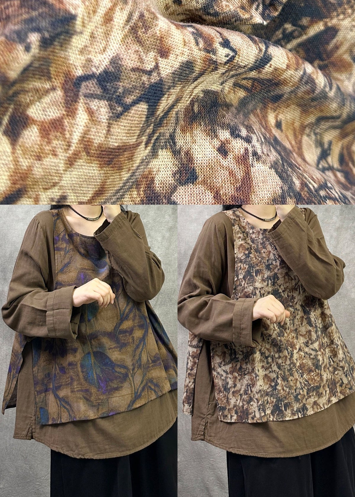 Plus Size Khaki Oversized Patchwork Print Linen Top Fall