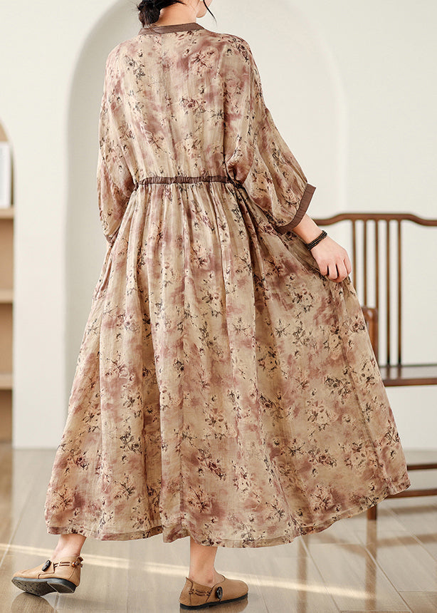 Plus Size Khaki Print Tie Waist Pockets Cotton Long Dresses Fall