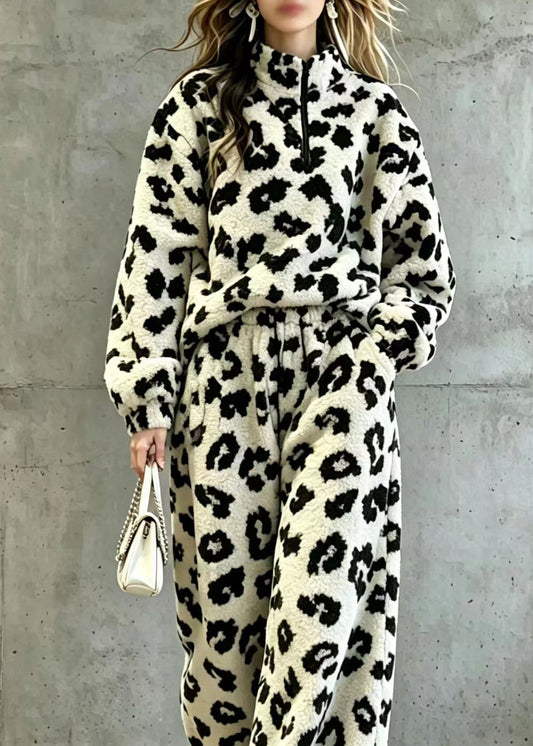Plus Size Leopard Stand Collar Zippered Teddy Faux Fur Two Piece Set Fall