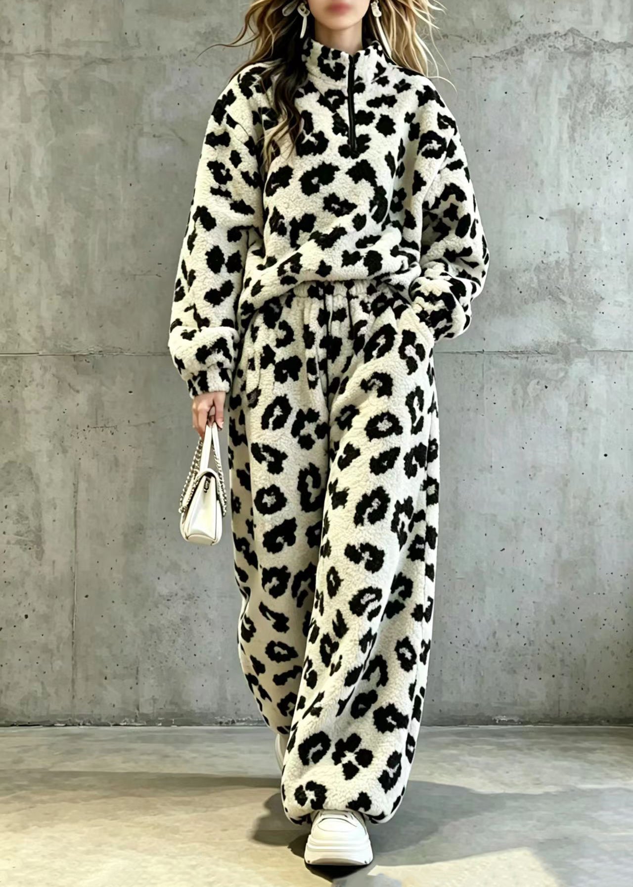 Plus Size Leopard Stand Collar Zippered Teddy Faux Fur Two Piece Set Fall