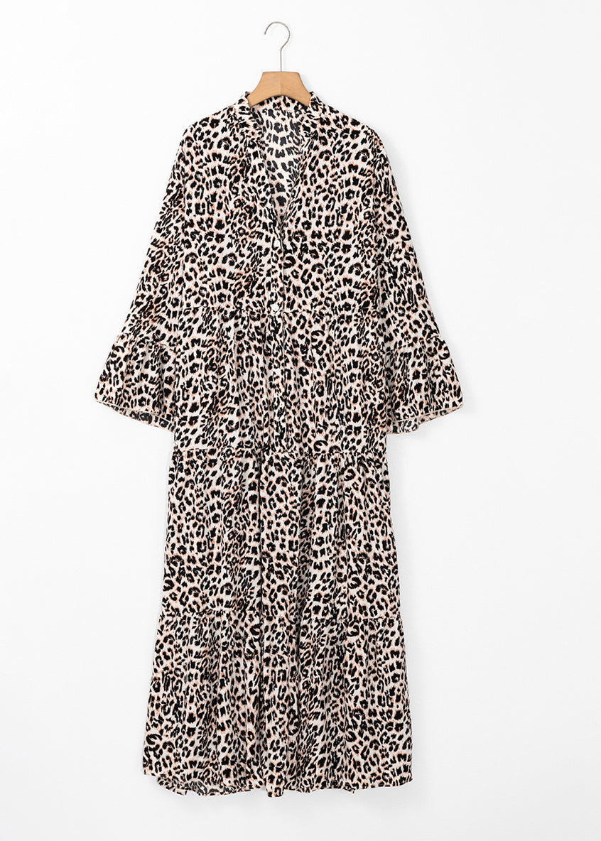 Plus Size Leopard V Neck Patchwork Maxi Dress Fall