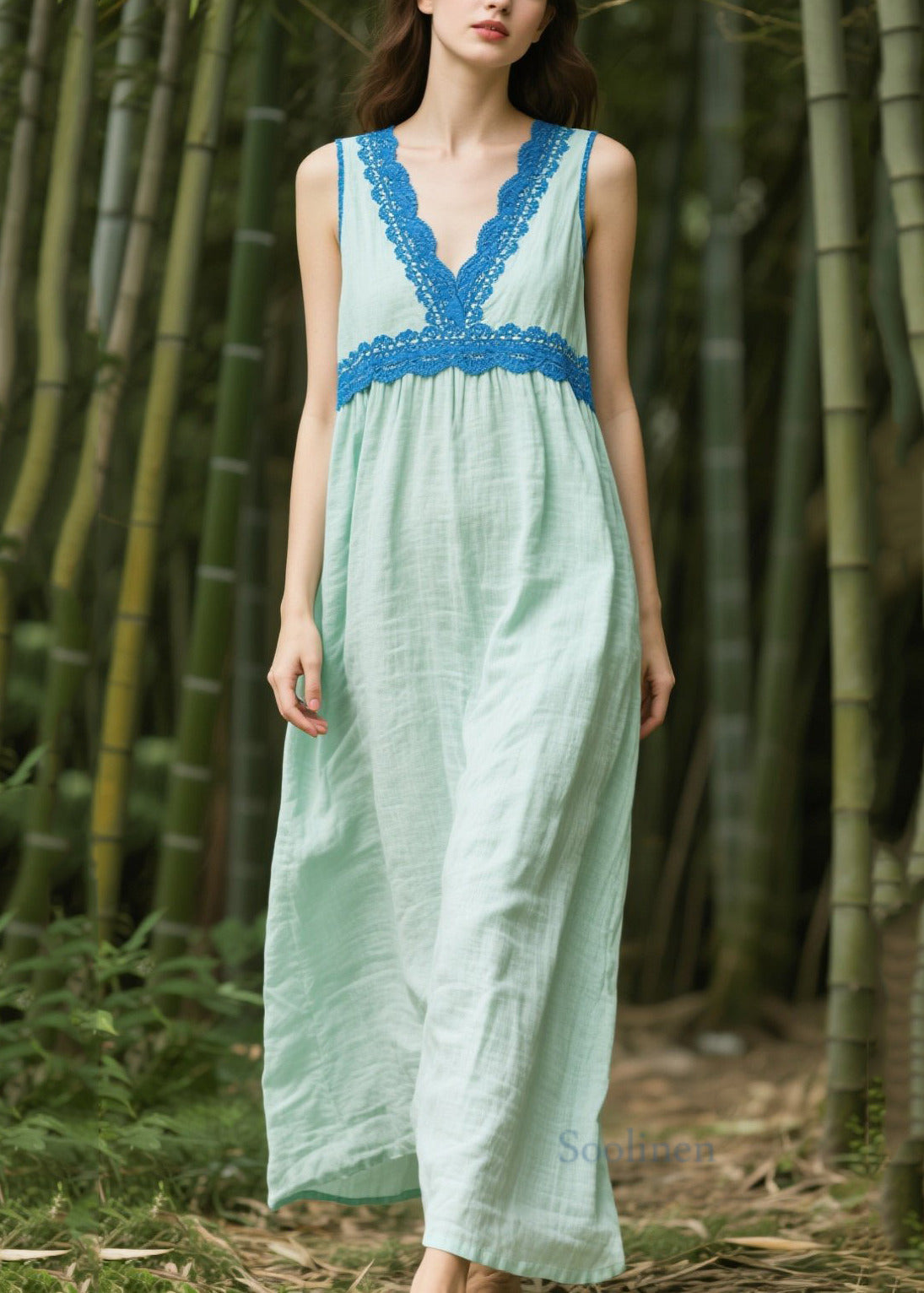 Plus Size Light Green Oversized Patchwork Cotton Dress Sleeveless