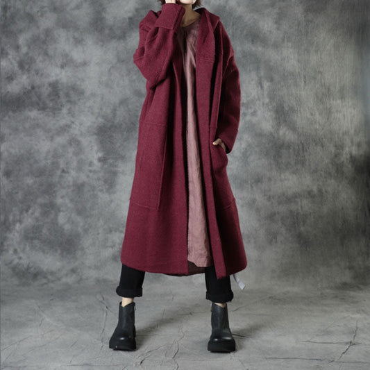 Plus Size Mulberry Loose Pockets Fall Hooded Long Sleeve Sweaters Coat