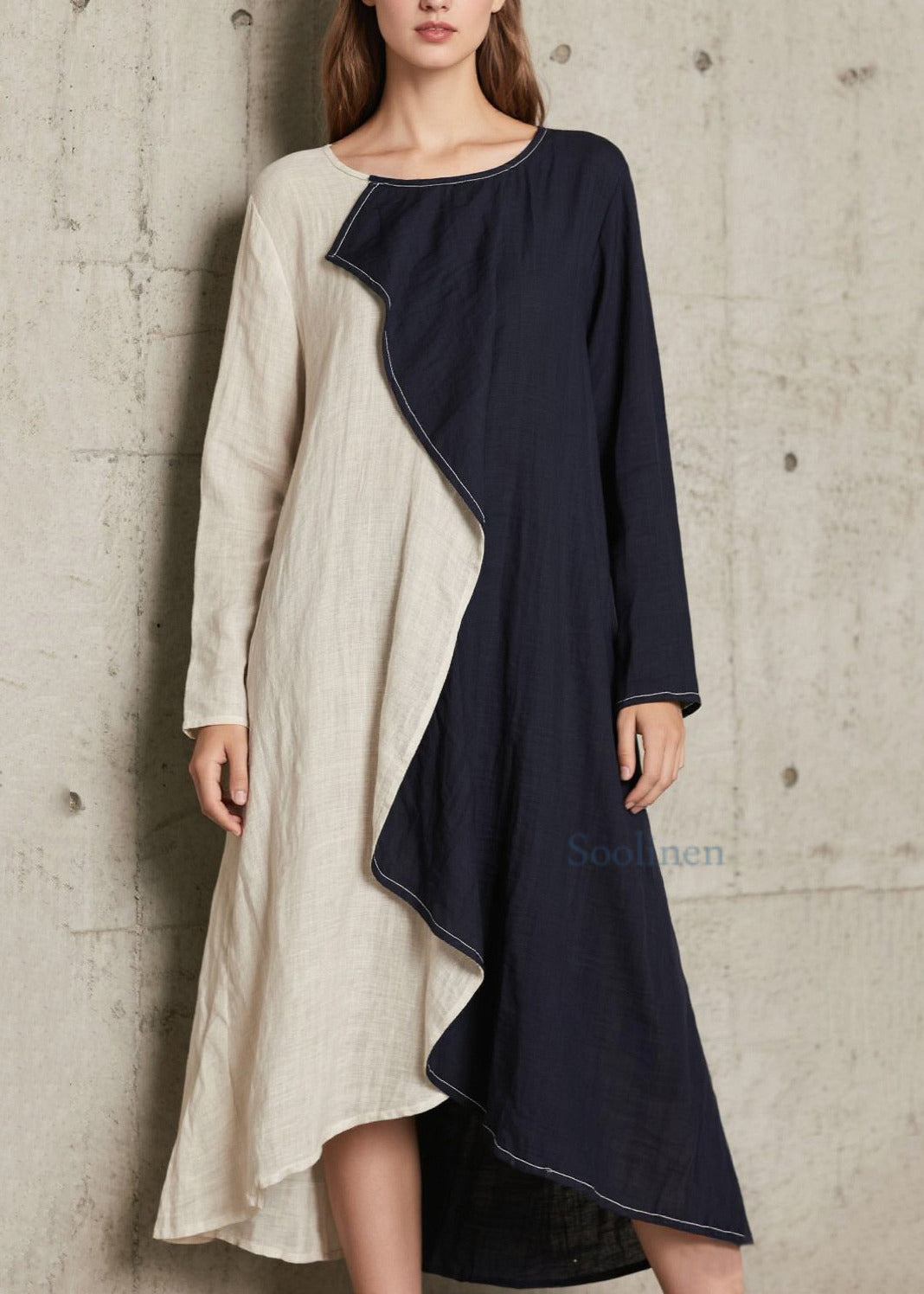 Plus Size Navy Asymmetrical Patchwork Cotton A Line Dress Spring