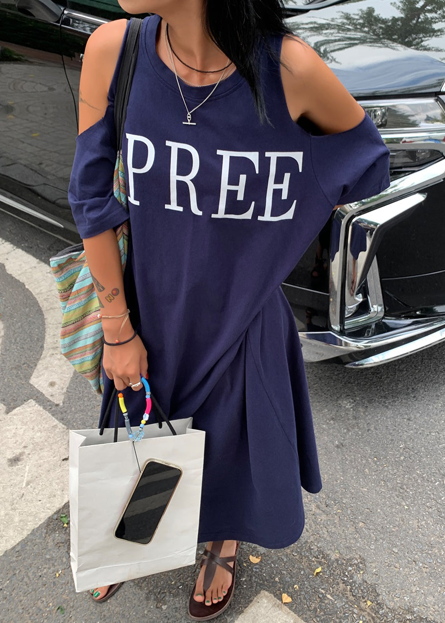 Plus Size Navy Blue Graphic Cold Shoulder Holiday Maxi Dress Short Sleeve