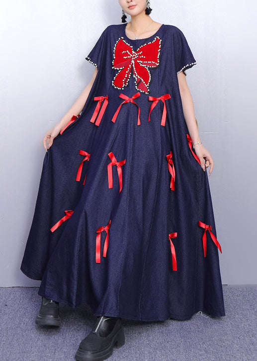 Plus Size Navy Oversized Butterfly Bow Denim Maxi Dresses Summer