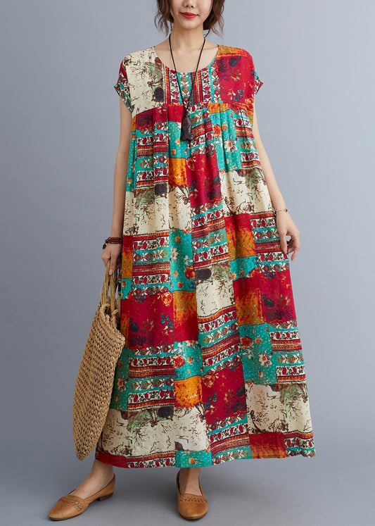 Plus Size O-Neck Patchwork Print Long Dresses Short Sleeve