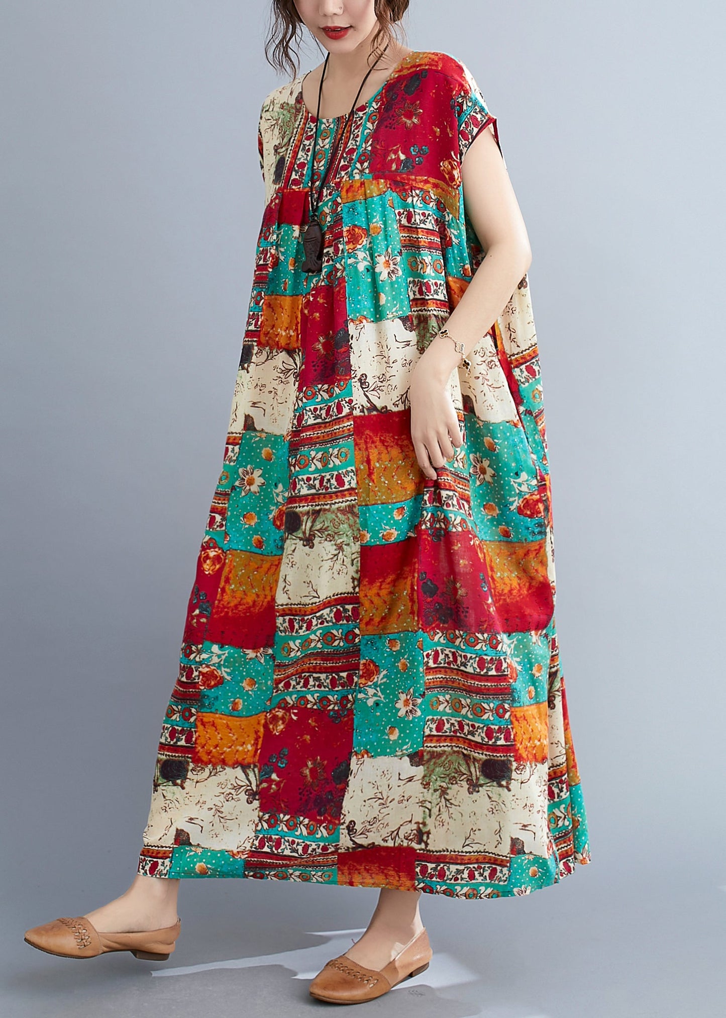 Plus Size O-Neck Patchwork Print Long Dresses Short Sleeve