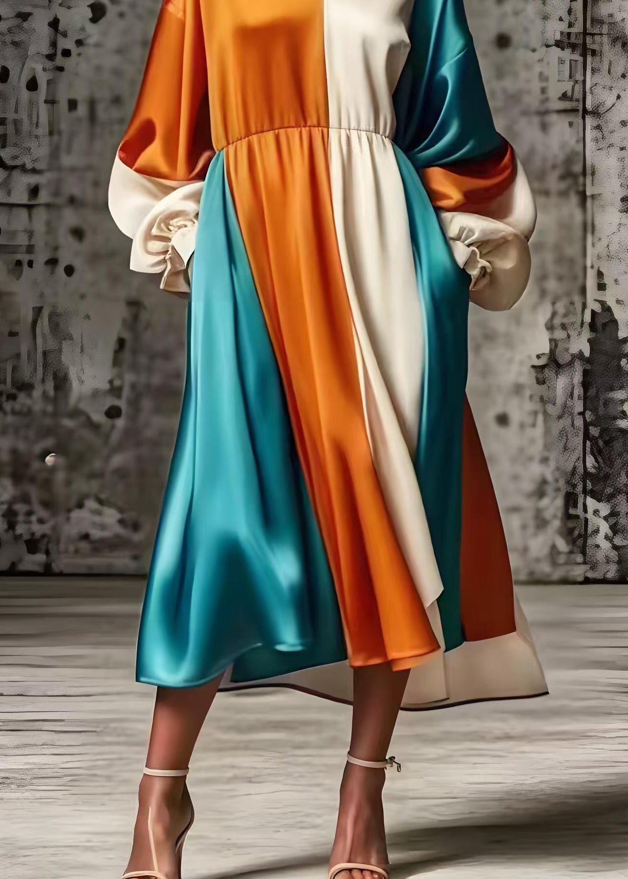 Plus Size Orange Oversized Patchwork Silk Vacation Dresses Spring