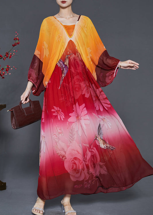 Plus Size Orange Oversized Print Chiffon Holiday Dress Summer