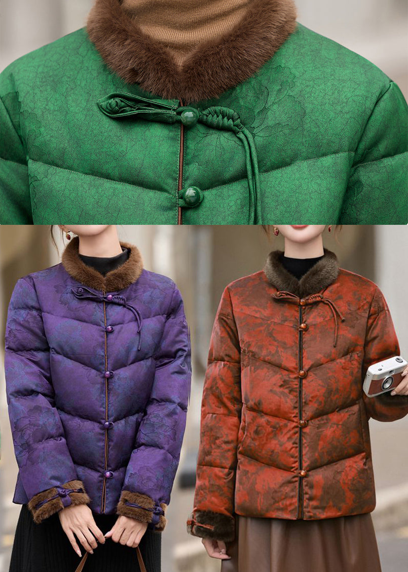Plus Size Orange Print Chinese Button Duck Down Winter Coats Winter