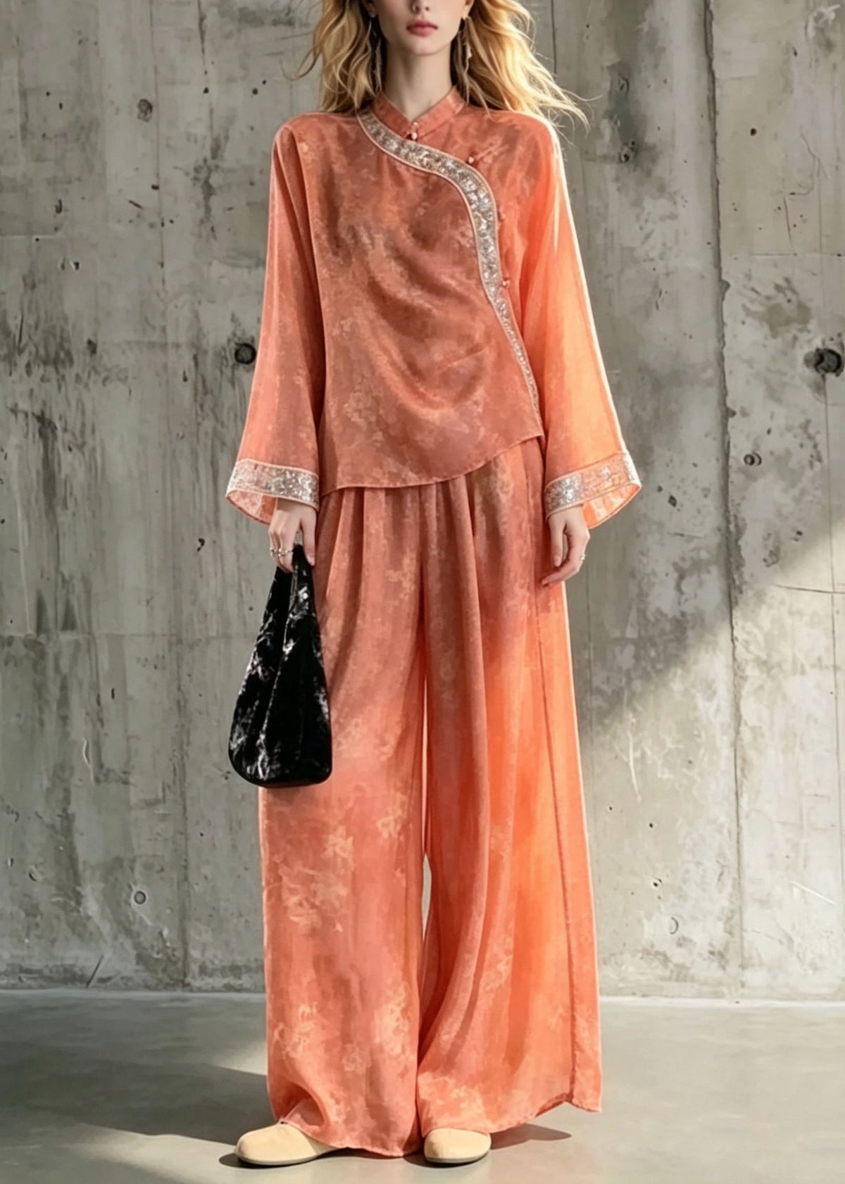 Plus Size Orange Print Chinese Style Silk Two Pieces Set Fall