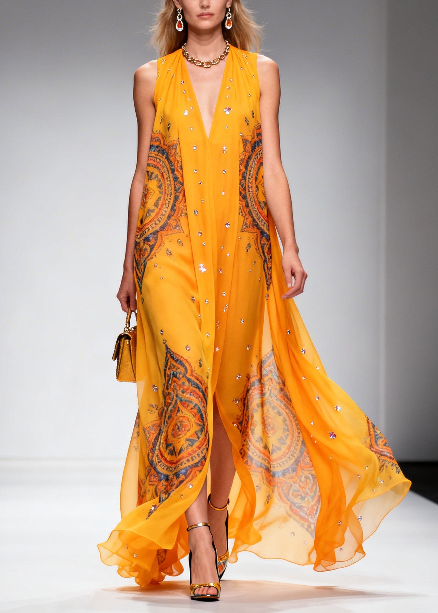 Plus Size Orange Print Rhinestone Sparkly Chiffon Holiday Dress Summer