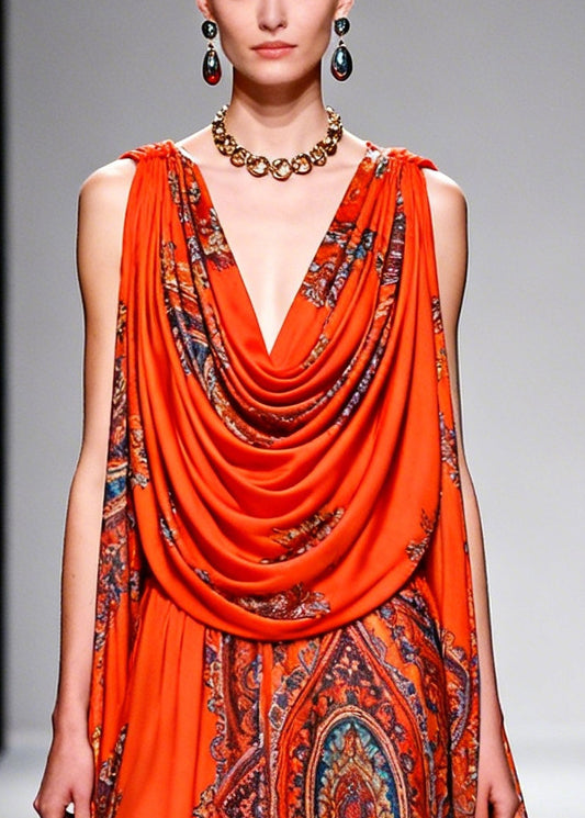 Plus Size Orange Turtle Neck Print Chiffon Robe Dresses Summer