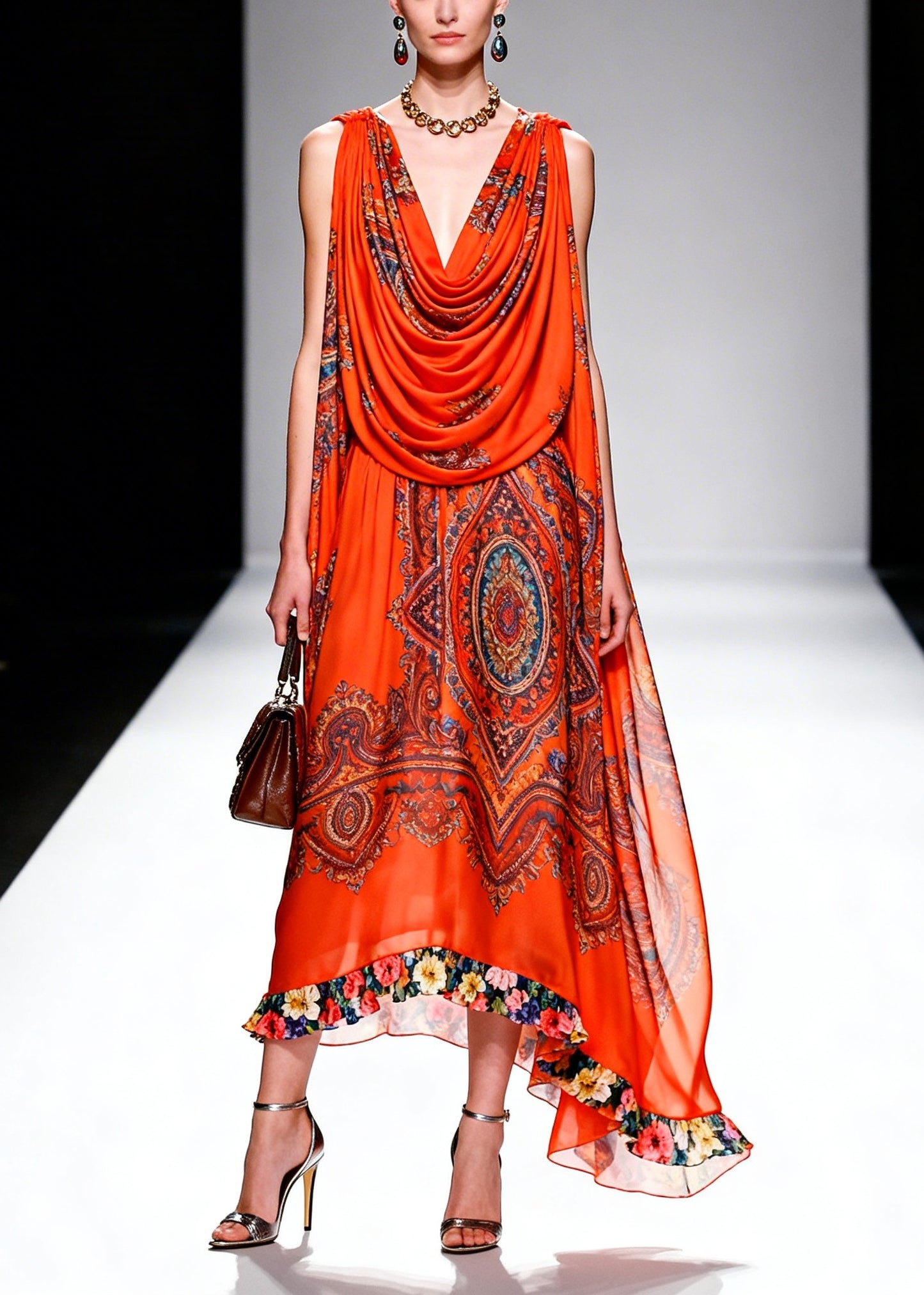 Plus Size Orange Turtle Neck Print Chiffon Robe Dresses Summer