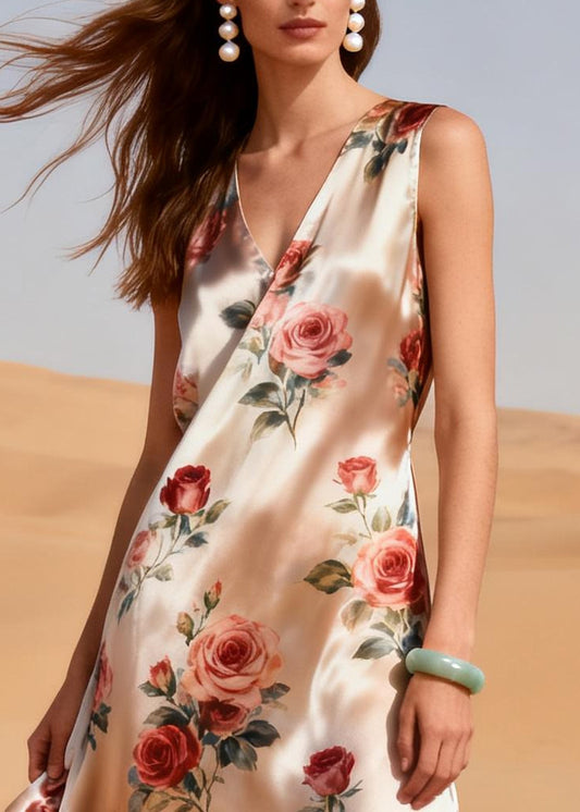 Plus Size Pink Flower Patchwork Linen Silk Vacation Dresses Summer