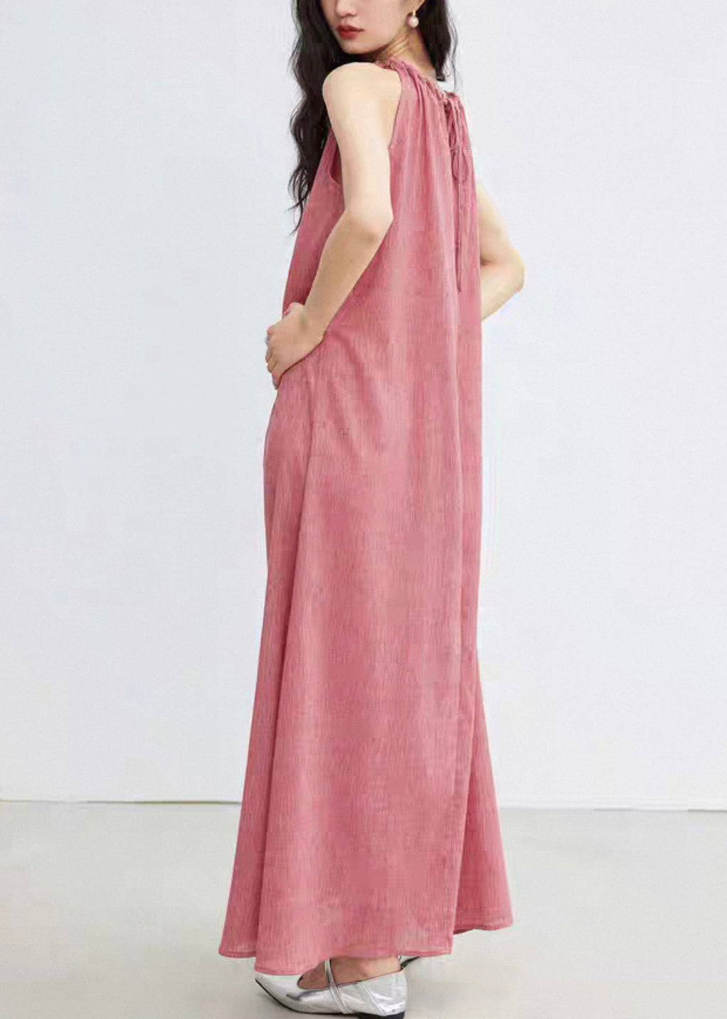 Plus Size Pink Lace Up Solid Cotton Long Dress Sleeveless