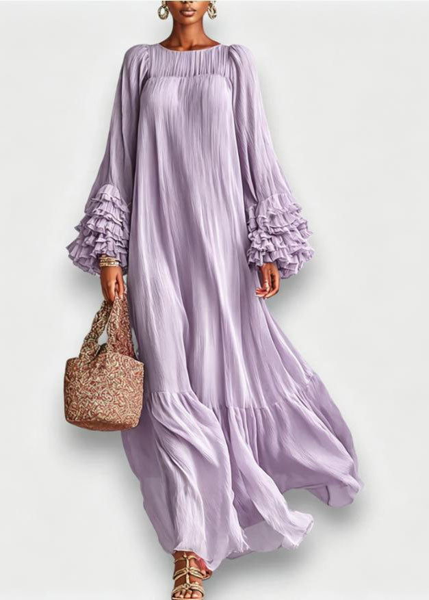 Plus Size Pink O Neck Ruffled Patchwork Cotton Robe Dresses Fall