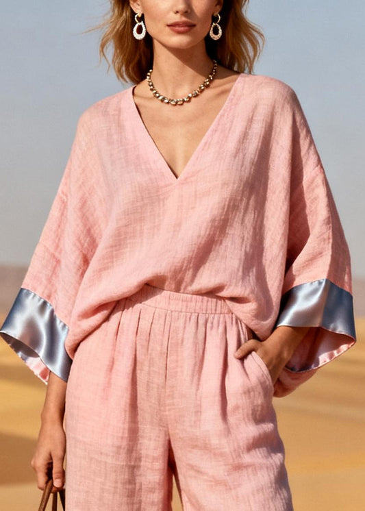 Plus Size Pink Oversized Patchwork Linen Silk Two Pieces Set Spring