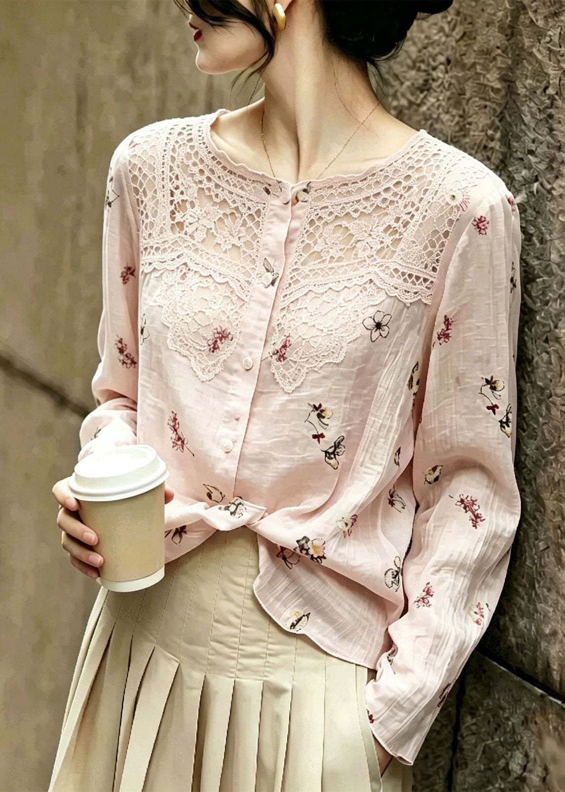 Plus Size Pink Print Patchwork Lace Shirt Tops Summer