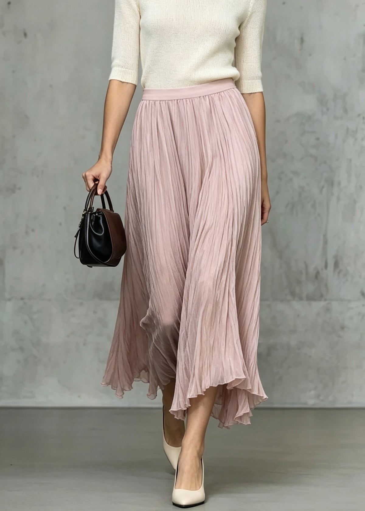 Plus Size Pink Wrinkled Elastic Waist Silk Skirt Fall