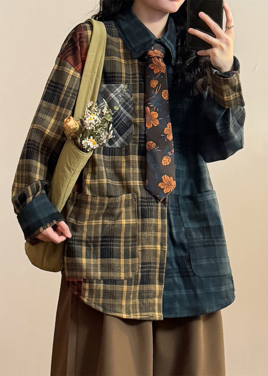 Plus Size Plaid Asymmetrical Pockets Patchwork Cotton Shirt Spring