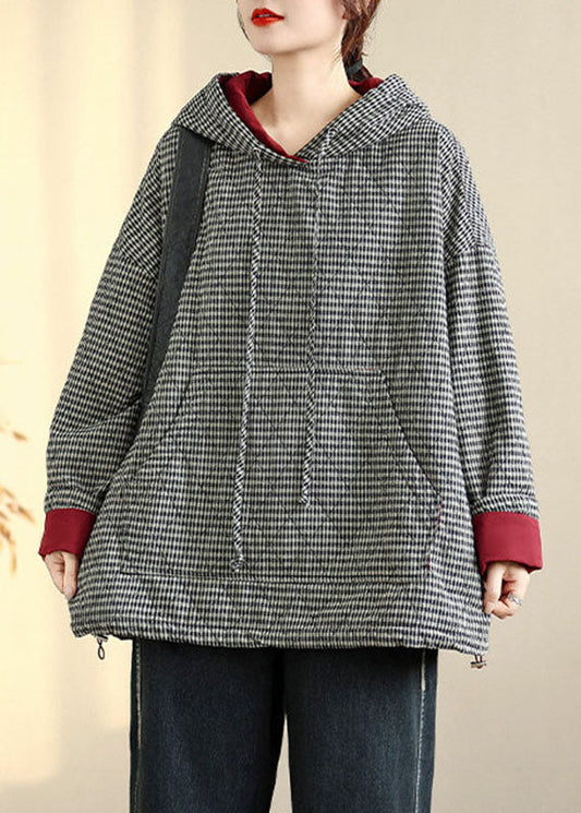 Plus Size Plaid Drawstring Pockets Fleece Hooded Sweatshirts Winter