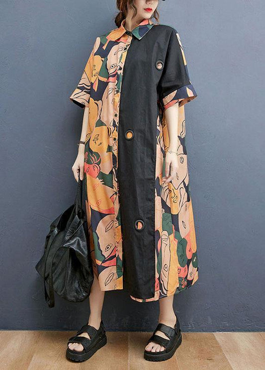 Plus Size Print Patchwork Cotton asymmetrical designside open Summer Maxi Dress - SooLinen