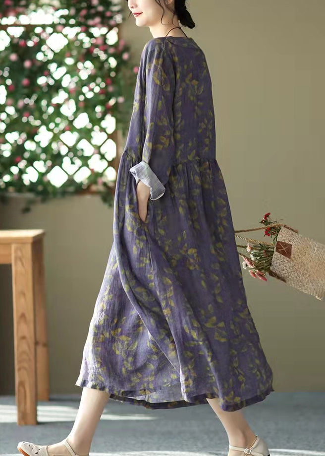 Plus Size Purple O-Neck Cinched Button Print Linen Dress Long Sleeve