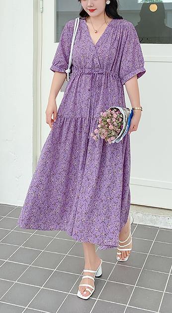 Plus Size Purple Print Chiffon V Neck Summer Dress - SooLinen