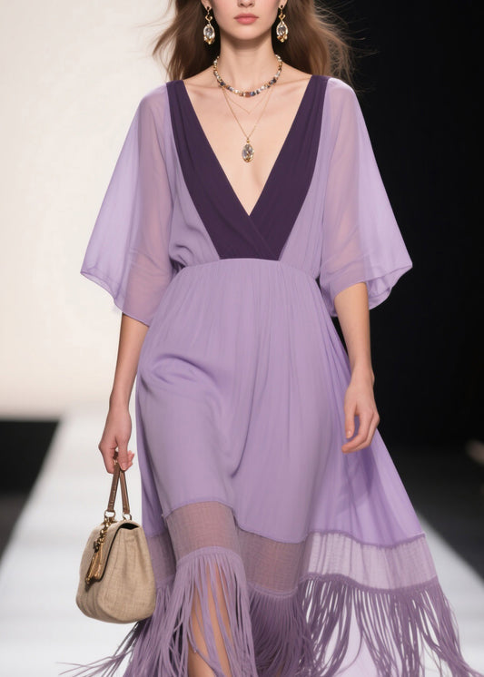 Plus Size Purple V Neck Tassel Patchwork Cotton Dress Summer
